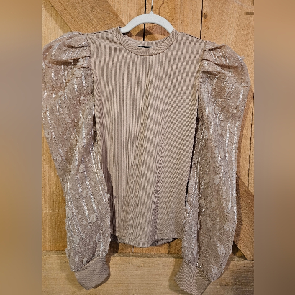 SHEIN Taupe Ribbed Top with Sheer Puff Sleeves